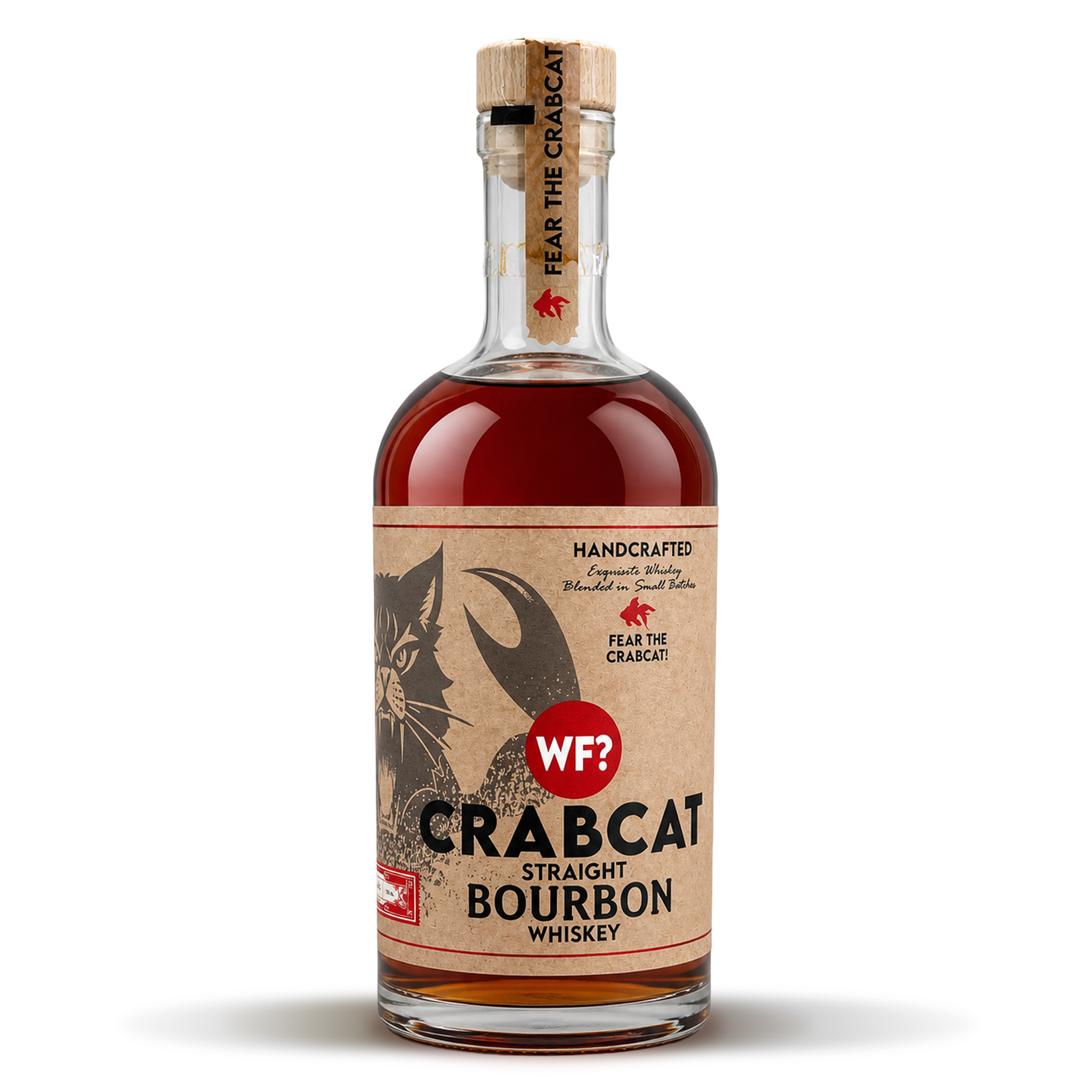 Bottle of Crabcat Straight Bourbon Whiskey on a white background