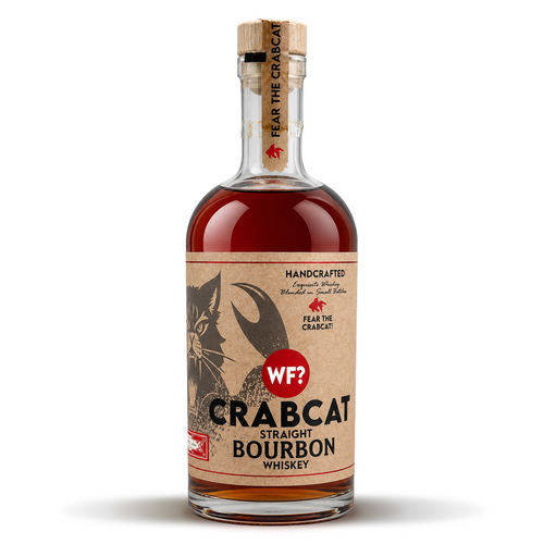 Bottle of Crabcat Straight Bourbon Whiskey on a white background